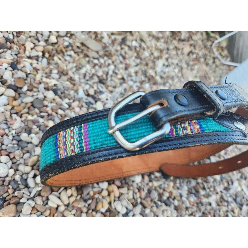 Western DDD Belt Leather Size 34 3-D Silver Belt Buckle Multicolor Insert Cowboy
